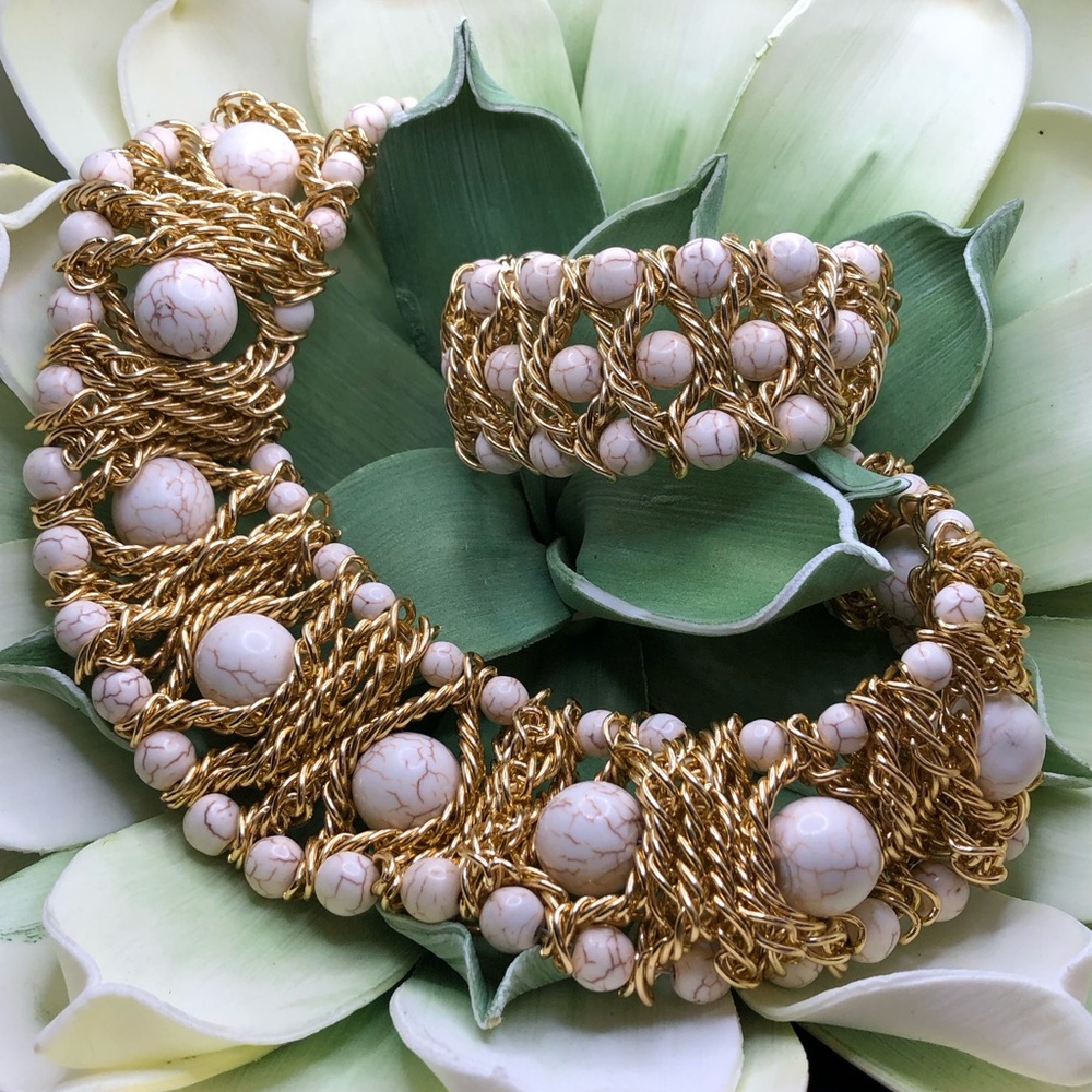 Bohemian 2 Piece Necklace and Bracelet Set with Beads and Wrapped Wire Metal